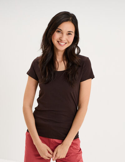 T-shirt coton col rond manches courtes marron fonc&eacute; femme