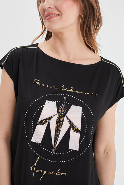 T-shirt col rond à strass Mosquitos noir femme