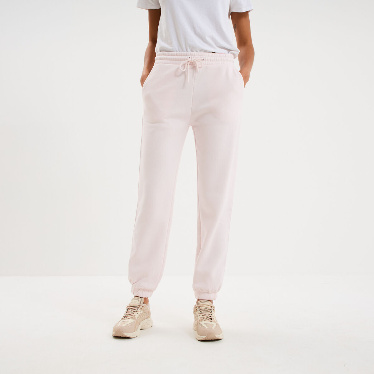 Pantalon jogging droit molleton rose clair femme