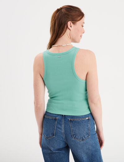 Débardeur côtelé encolure américaine bleu turquoise femme