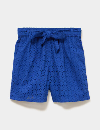 Short large broderie anglaise coton bleu electrique femme