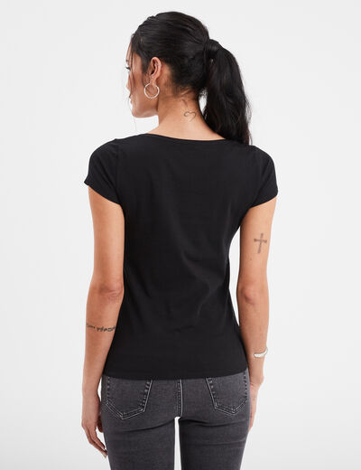T-shirt coton col rond manches courtes noir femme