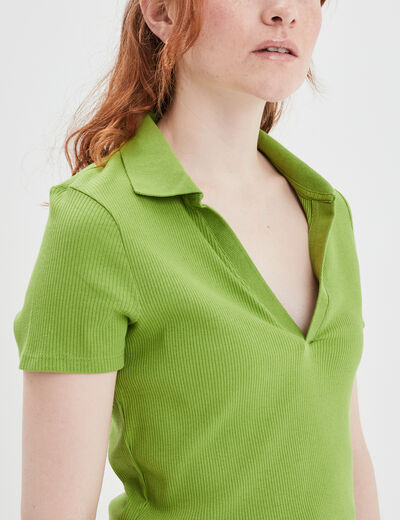 T-shirt court côtelé col polo coton vert femme