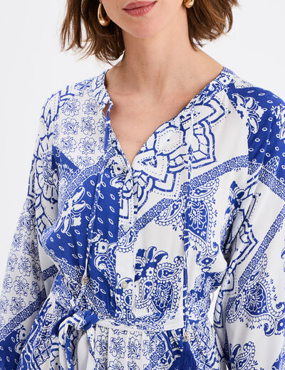 Robe fluide manches longues ceinturée bleu femme