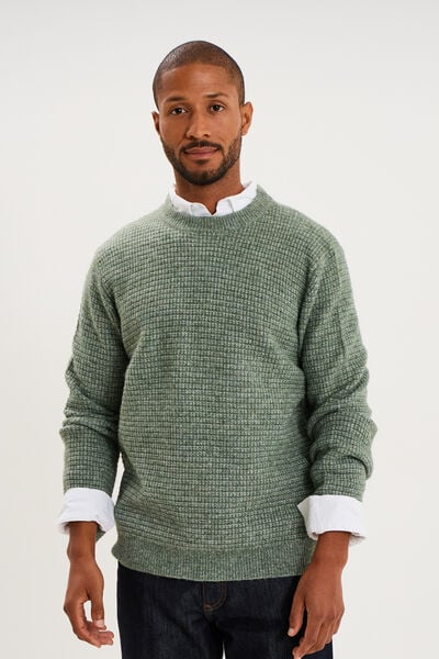 Pull col rond manches longues vert kaki homme