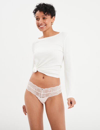 Shorty string en dentelle rose clair femme