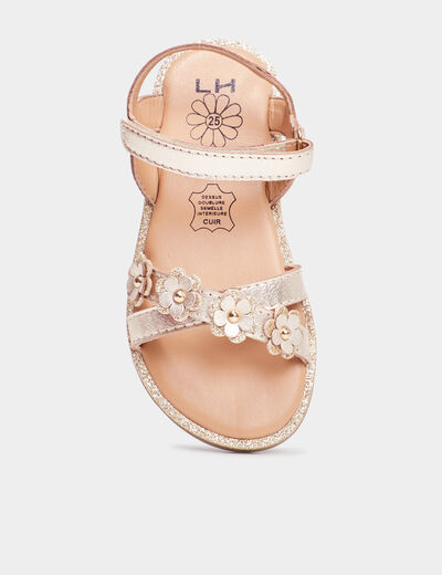 Sandales irisées avec fleurs en cuir jaune or fille