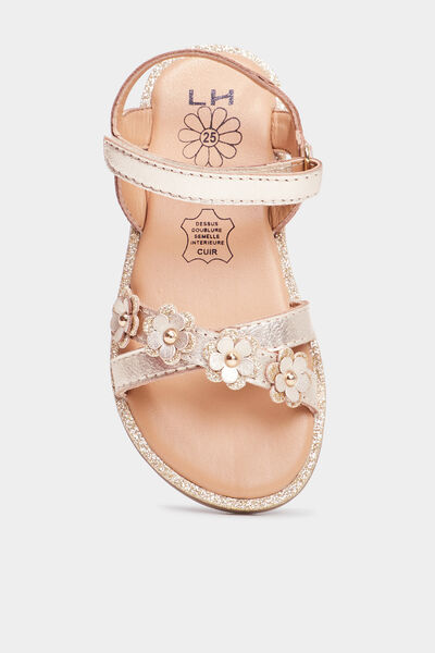 Sandales iris&eacute;es avec fleurs en cuir jaune or fille