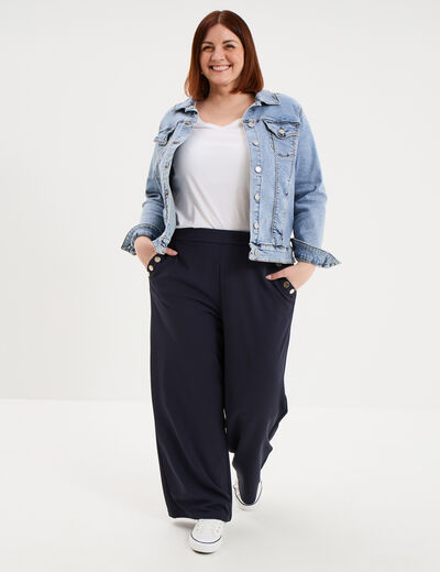 Pantalon large &agrave; pont bleu fonc&eacute; femme grande taille