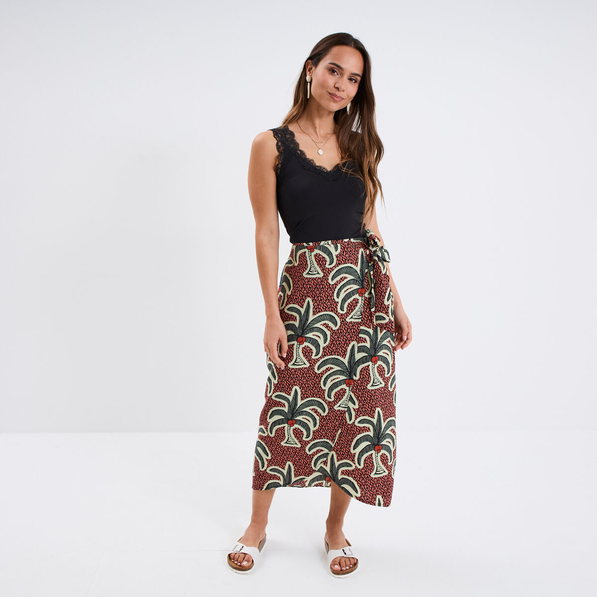 Jupe longue fluide portefeuille bordeaux femme