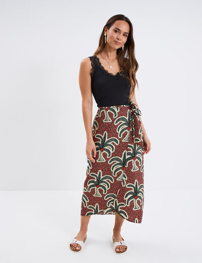 Jupe longue fluide portefeuille bordeaux femme