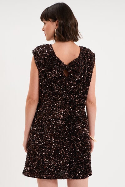 Robe courte &agrave; sequins sans manches marron fonc&eacute; femme