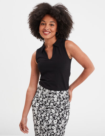 T-shirt coton sans manches col polo noir femme