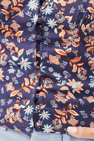 Chemise fleurie col V bleu marine femme