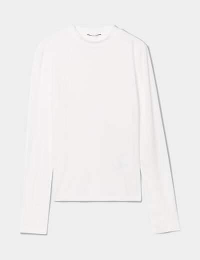 T-shirt côtelé col montant ajusté blanc femme
