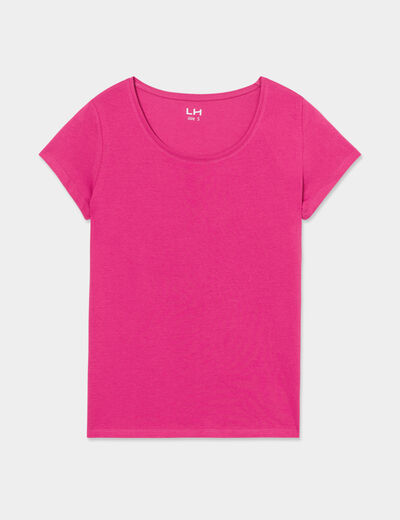 T-shirt coton col rond manches courtes rose fushia femme