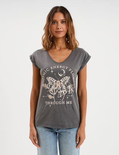 T-shirt coton col en V manches courtes gris anthracite femme