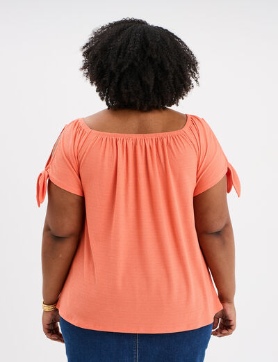 T-shirt manches ouvertes avec noeuds rose corail femme grande taille