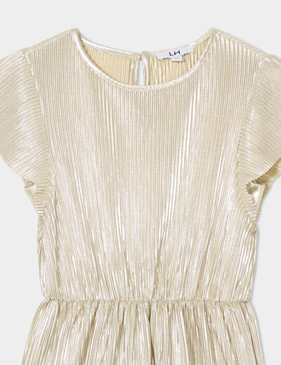 Robe plissée col rond manches courtes couleur argent fille