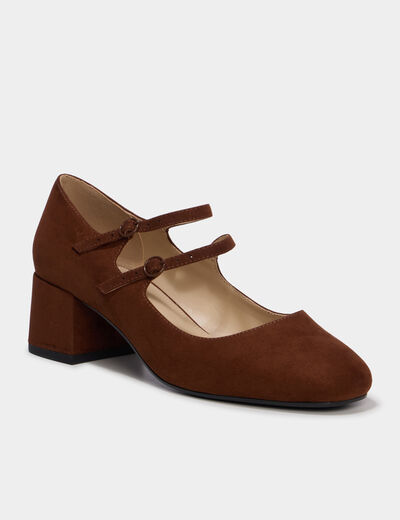 Escarpins babies double bride talon bloc marron femme