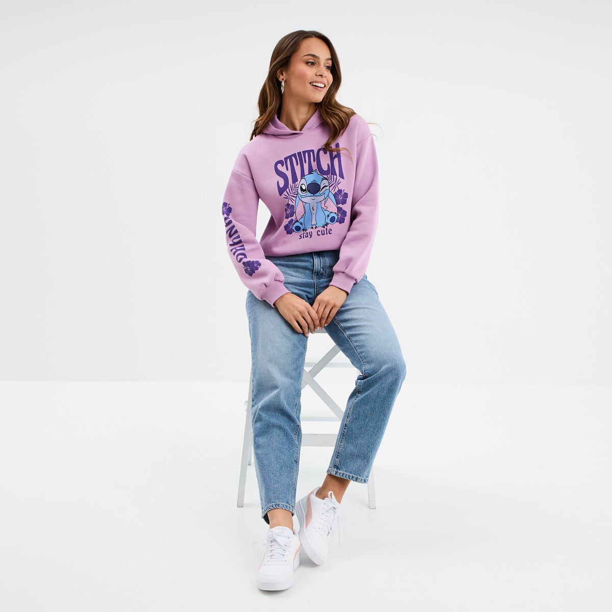Sweat hoodie cropped &agrave; capuche Stitch parme femme