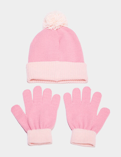 Ensemble bonnet à pompom et gants Stitch rose fille