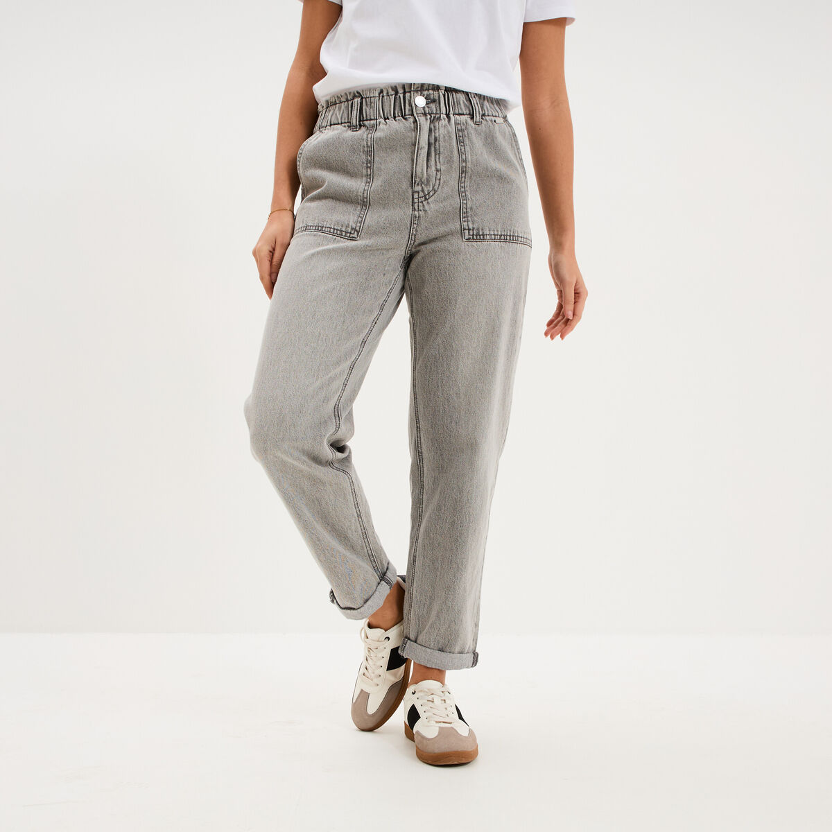 Jean paperbag cropped taille &eacute;lastiqu&eacute;e denim gris femme