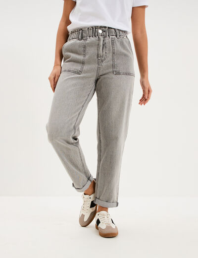 Jean paperbag cropped taille &eacute;lastiqu&eacute;e denim gris femme