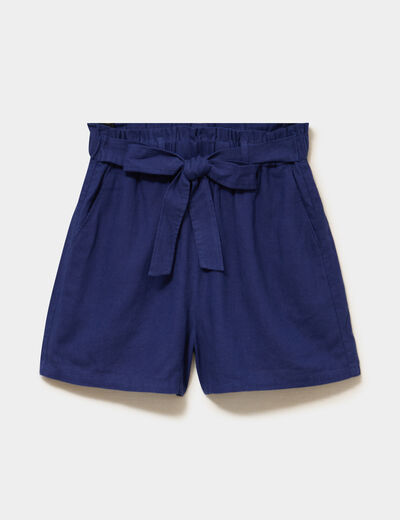 Short paperbag lin m&eacute;lang&eacute; bleu fonc&eacute; femme