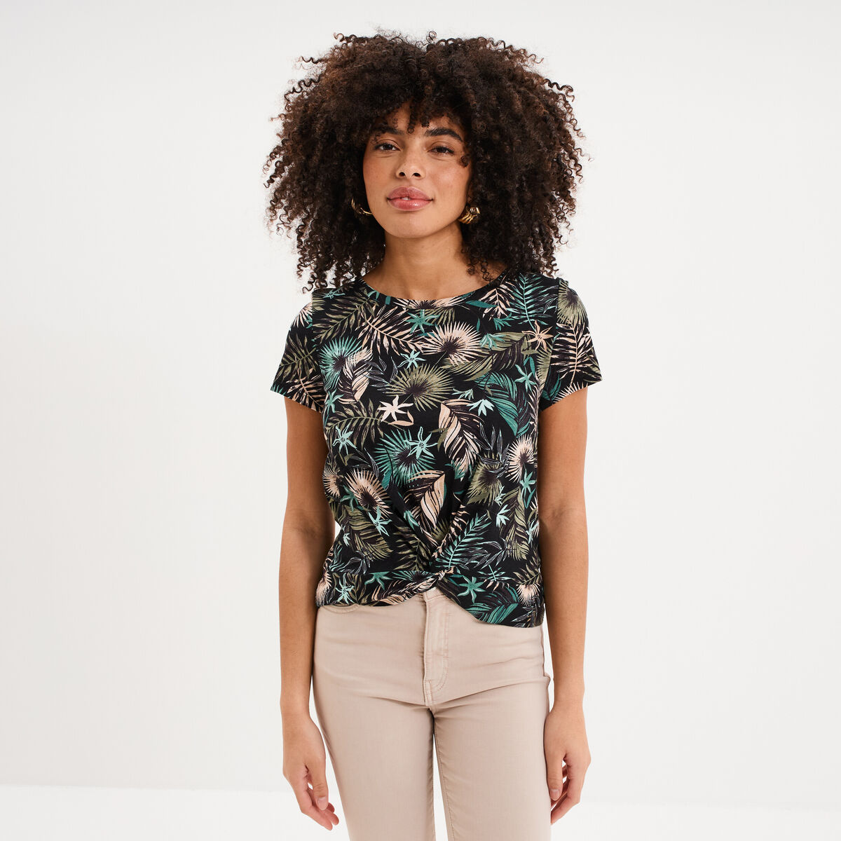 T-shirt taille effet nou&eacute; coton noir femme