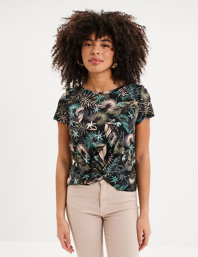 T-shirt taille effet nou&eacute; coton noir femme