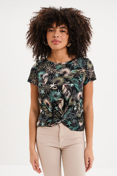 T-shirt taille effet nou&eacute; coton noir femme
