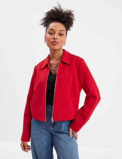 Veste courte zippée manches longues rouge femme