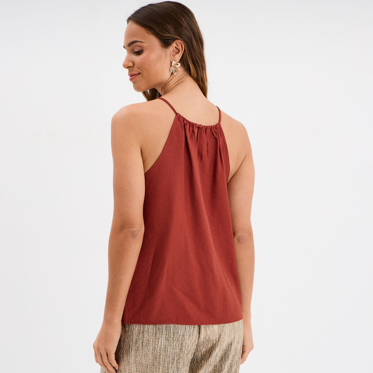 Blouse col bijoux amovible marron cognac femme