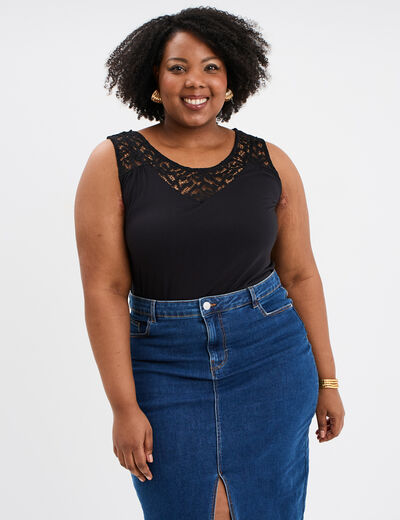 Débardeur col en dentelle noir femme grande taille