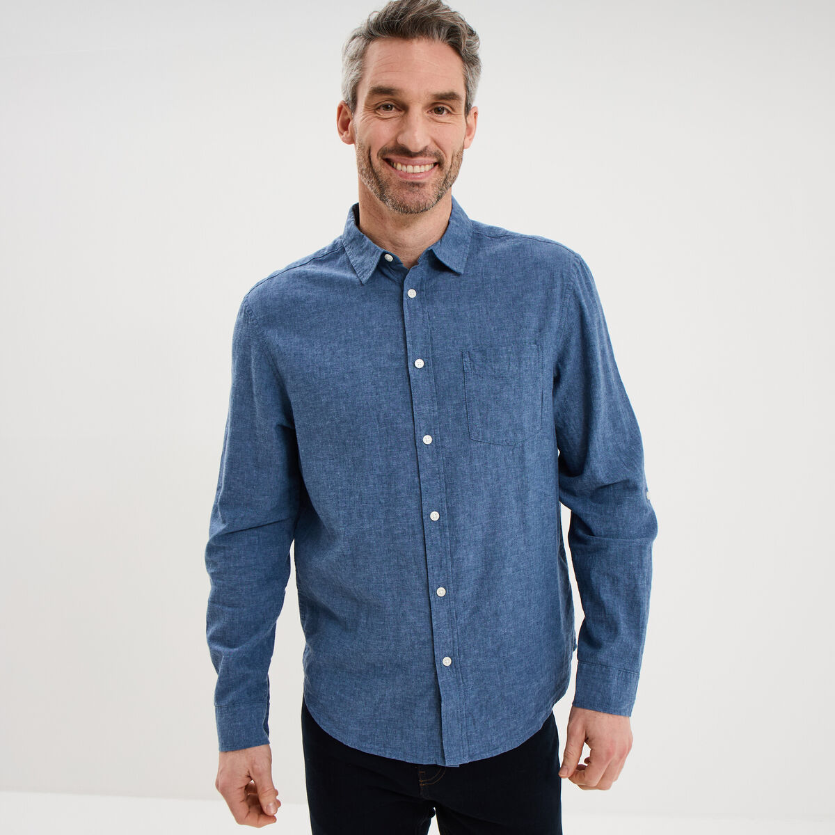Chemise manches longues lin m&eacute;lang&eacute; bleu homme