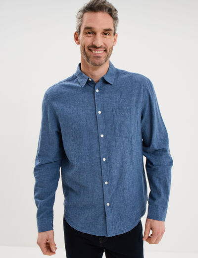 Chemise manches longues lin m&eacute;lang&eacute; bleu homme