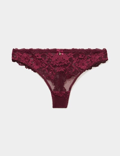 Tanga en dentelle prune femme