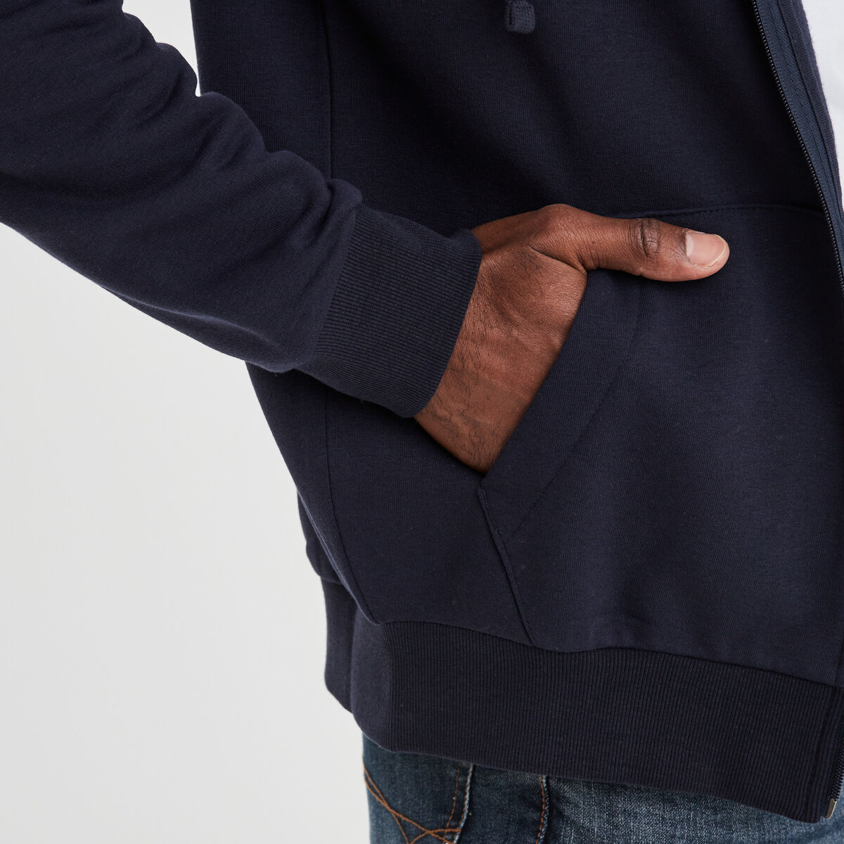 Sweat zipp&eacute; molleton &agrave; capuche bleu marine homme