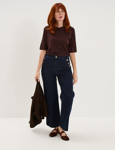 Pull col polo manches courtes marron fonc&eacute; femme