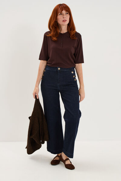Pull col polo manches courtes marron fonc&eacute; femme