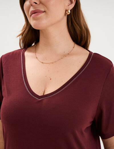 T-shirt manches courtes col V violet fonc&eacute; femme grande taille