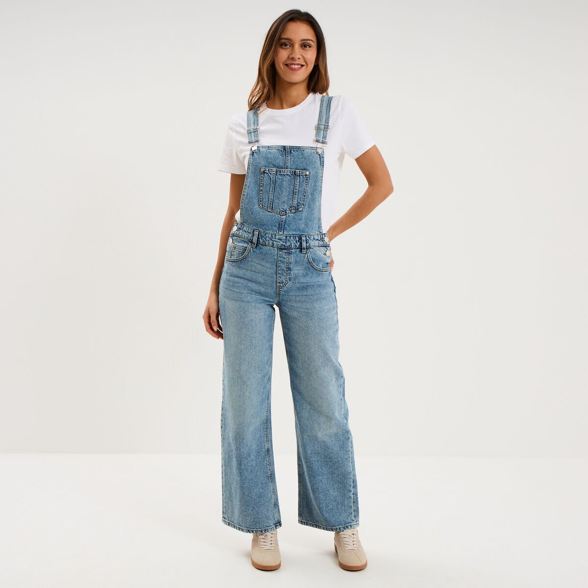 Salopette en jean jambe large coton denim double stone femme