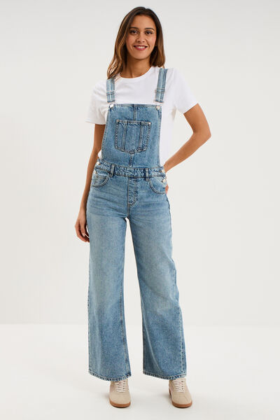 Salopette en jean jambe large coton denim double stone femme
