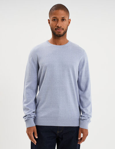 Pull droit col rond coton m&eacute;lang&eacute; bleu clair homme