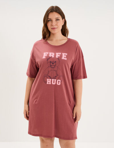 Chemise de nuit courte col rond coton rose framboise femme grande taille