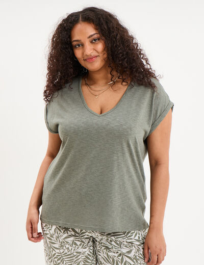 T-shirt avec strass manches courtes vert kaki femme grande taille