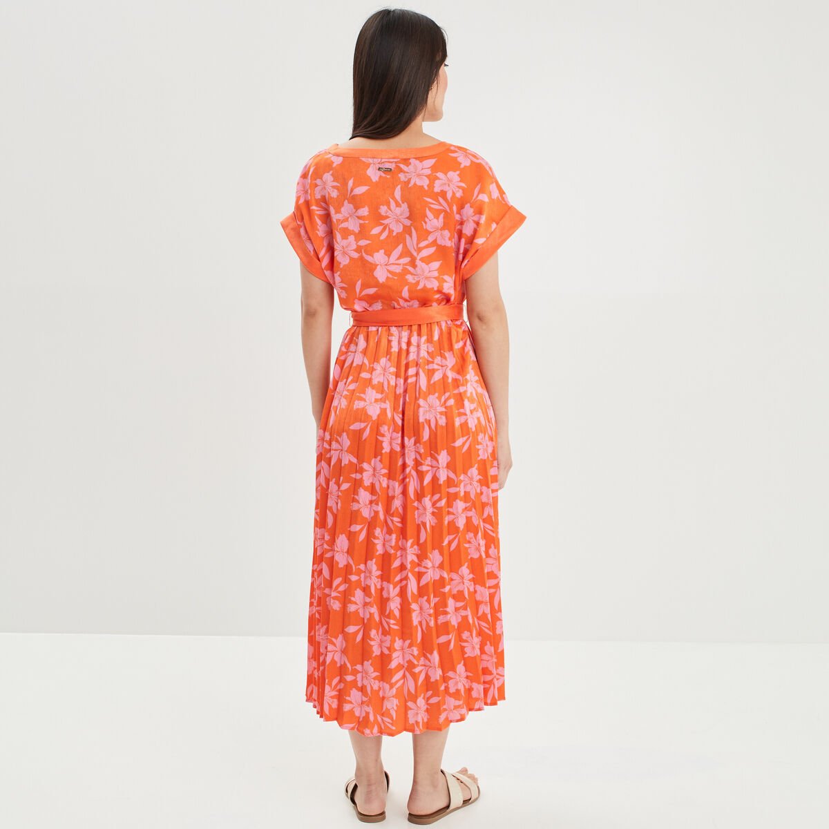 Robe patineuse longue ceinturée orange femme