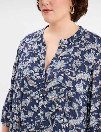 Robe évasée fluide manches longues col V bleu marine femme grande taille