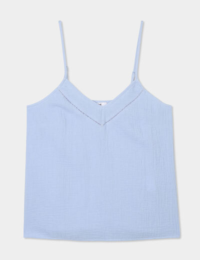 Haut de pyjama débardeur gaze de coton bleu ciel femme